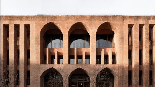 Symmetrical brick arches against soft light. Neural network AI generated