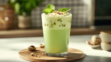 Smooth pistachio drink with herbal extracts, pastel green, garnished with mint and a sprinkle of nuts, modern kitchen setting