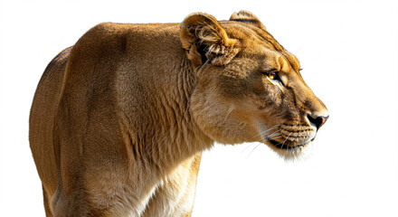 Fototapeta premium Intense Lioness Portrait Gazing Forward with Graceful Posture and a Sharp, Clear Focus Against a Minimalist White Background for Versatile Use