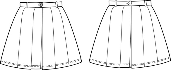 Flat sketch of pleated A-line skirt with belt, front and back view, technical fashion drawing, clothing vector design template