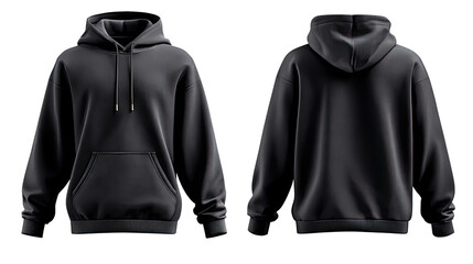 Stylish Unisex Black Hoodie: A stylish unisex black hoodie is presented from front and back views, showcasing a blank canvas ready for customization, ideal for fashion-forward designs.
