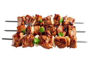  Grilled Meat Kebab on Skewer with Char Marks, Front View, Isolated on Transparent Background