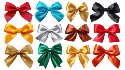 Colorful Bows: A collection of vibrantly hued satin bows, each intricately tied, offering a spectrum of colors. Capturing the classic allure and decorative charm of gift-giving or festive occasions.