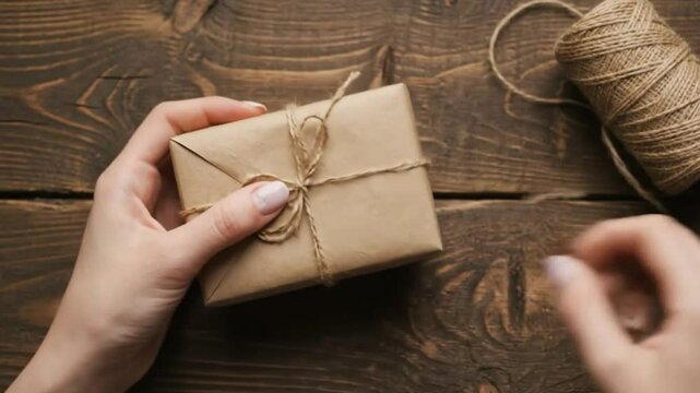 A person holding a wrapped brown gift with twine a ball of twine and a pair of scissors on a wooden table