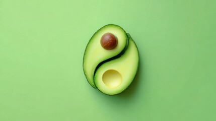 Sliced Avocado Arranged in a Yin-Yang Design on a Green Background Promoting Wellness and Balance in Healthy Eating