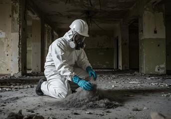 Environmental Safety Technician in Protective Gear Inspecting Debris at Abandoned Industrial Building Conducting Hazard Assessment and Sample Collection