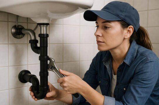 Female plumber in action, using a wrench to repair pipes under a bathroom sink, showcasing expertise and focus in plumbing work