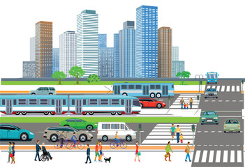 Stadtsilhouette, panorama, öffentliche verkehrsmittel, Stadtbahn, Metro,  Bus mit Fahrgästen Illustration Skyline