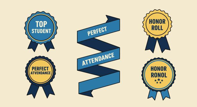 Achievement Badges Perfect Attendance and Top Student Illustrations for Academic Recognition and Learning