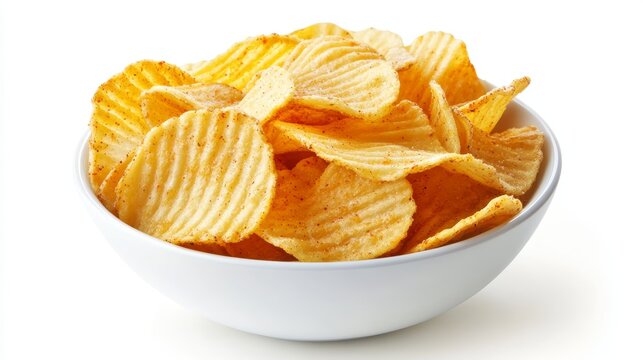 Delicious Crispy Golden Ridged Potato Chips Served in White Ceramic Bowl on Rustic Table - Powered by Adobe