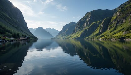 Peaceful Fjord Scene with Reflections and Green Cliffs