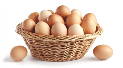 Rustic wicker basket filled with fresh brown chicken eggs arranged naturally outside the container