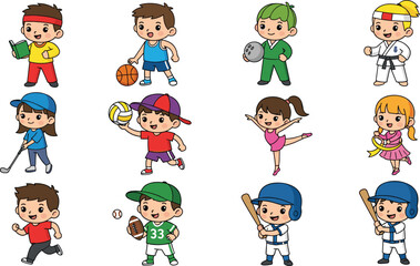 Cartoon children playing sports, educational activity illustration, diverse kids characters, outdoor fun, fitness, healthy lifestyle, vibrant vector artwork