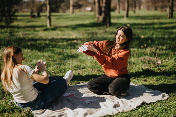 Two women are sitting on a picnic blanket outdoors, playing cards and enjoying each other's company...