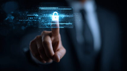 Secure online payment concept showing a businessman authenticating a digital credit card transaction, highlighting fintech innovation, financial security, encryption, and global ecommerce trends