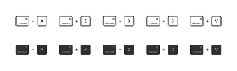 A set of minimalist keyboard shortcut icons. Common key combinations such as select all, undo, redo, cut, copy, and paste. Thin line style, black and white. Vector illustration.