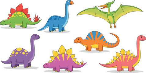 Colorful cartoon dinosaurs, vibrant prehistoric creatures, fun dinosaur illustration, cute dinosaur drawing, educational dinosaur art, playful animal graphic design