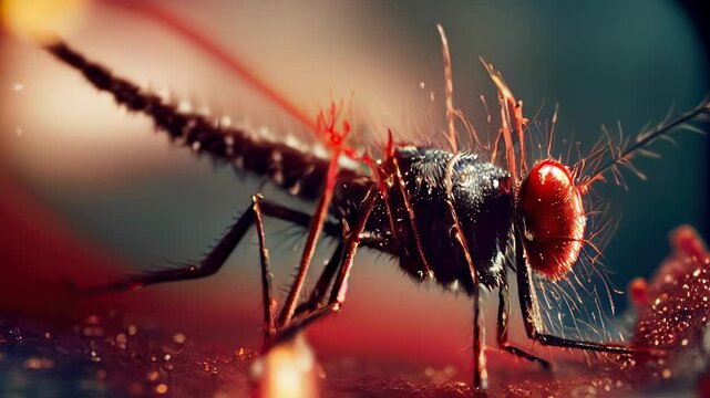 A mosquito is sucking human blood in a close-up shot. Aphis is capable of transmitting many diseases, including malaria, yellow fever, chikungunya, dengue, Zika, leishmaniasis, encephalitis. 