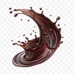 realistic 3d chocolate fluid splash flow with drops, bubbles  in curve style isolated on transparent background