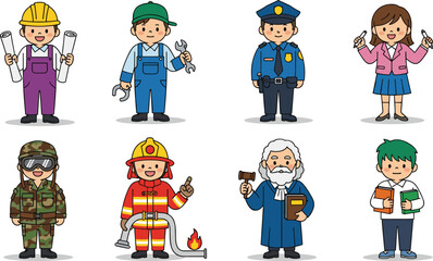 Colorful cartoon illustration of diverse professions for kids, featuring careers like teacher, firefighter, judge, police, soldier, educational vector