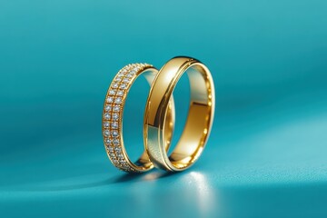 Two classic yellow gold wedding bands float on an electric blue background. One ring is adorned with sparkling diamonds, highlighting the elegance and luxury of bridal jewelry.