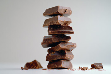 A minimalist stack of dark chocolate chunks forms a unique tower. Each piece is carefully rotated, offering a rustic and natural charm, perfect for gourmet dessert aficionados.