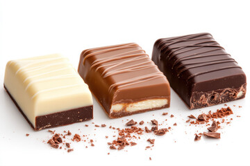 A trio of chocolate bars showcases a range of hues from ivory to espresso. These neatly arranged bars reveal glossy, segmental surfaces, embodying the allure of gourmet chocolate delights.