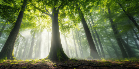A foggy forest envelops towering deciduous trees, their trunks vanishing into the mist. Wet foliage and tangled roots on the ground add depth, creating a hauntingly beautiful wilderness.