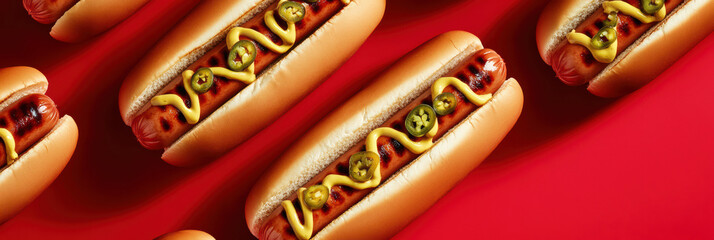 A visually striking arrangement of hot dogs on a vivid red backdrop. Each grilled sausage is nestled in a soft bun with mustard, enhanced by direct lighting casting dramatic shadows.