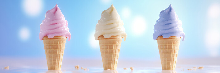 A waffle cone brimming with three melting ice cream scoops - blueberry, vanilla, and raspberry. Against a pastel lavender and sky blue background, this scene evokes a refreshing summer delight.
