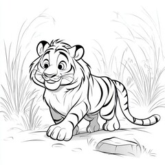 Fototapeta premium Brave Tiger in Tall Grass, playful cartoon illustration of a strong tiger exploring the savannah, designed for children's coloring activities