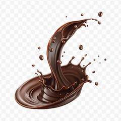 realistic 3d chocolate fluid splash flow with drops, bubbles  in curve style isolated on transparent background