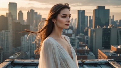 Elegant woman with flowing hair gazes across a city skyline from a rooftop at sunset, embodying modern grace, contemplation, and urban tranquility