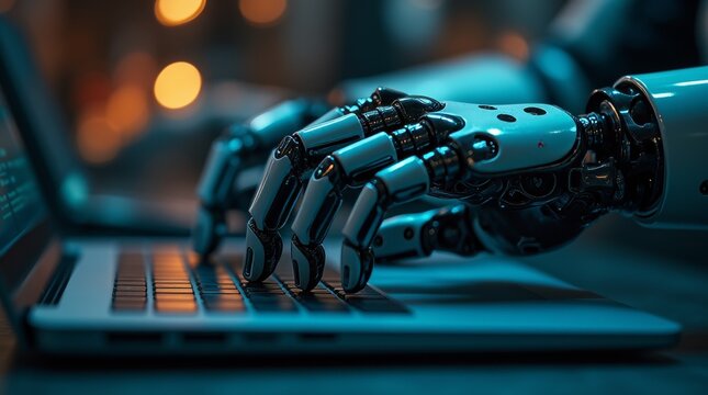 cinematic close-up of a robotic hand typing on a laptop keyboard