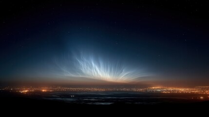 Fototapeta premium Sky illuminated by cosmic rays revealing atmospheric ionization phenomenon above a cityscape at night