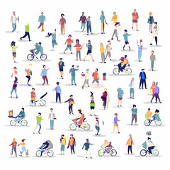 Diverse People Engaging in Daily Activities Flat Vector Illustration | Walking, Talking, Biking, Sitting, and Interacting
