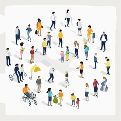 Isometric Street Life A Diverse Crowd of People in Minimalist Style