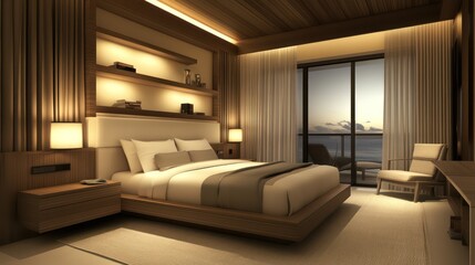 Stylish minimalist bedroom with wooden shelves, soft lighting, clean lines, and neutral decor for a sophisticated atmosphere