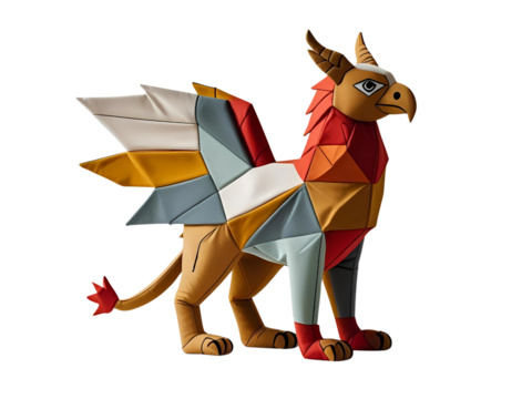 A charming and uniquely designed soft toy in the shape of a friendly griffin, crafted with a textured, layered appearance suggesting felt or fabric.