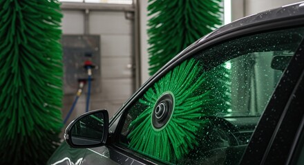 Car Windshield Cleaning with Circular Brush in Auto Service Garage