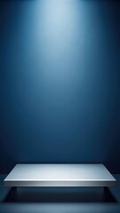 Dark navy blue gradient background with empty studio product display presentation on a sleek white table