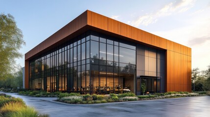 Fototapeta premium Modern office building exterior at sunset with landscaping