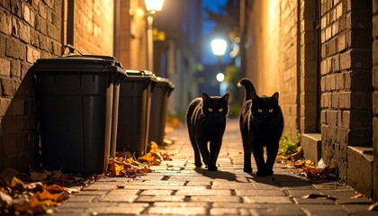 Obraz premium Black cats prowling through alleyway shadows, trash cans knocked over, mysterious glowing eyes reflecting streetlight, urban Halloween night environment