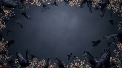 空を囲む無数のカラスが描く不吉な円形構図 generative ai