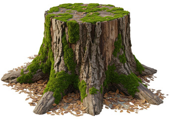 Isolated Mossy Tree Stump Surrounded by Fallen Leaves