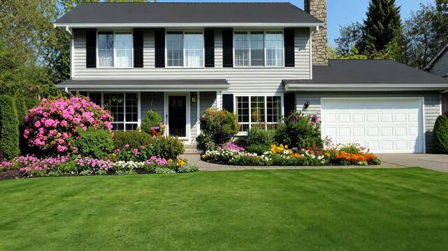 A beautiful suburban home boasts a vibrant garden of blooming flowers and a well-kept lawn, creating a warm welcome