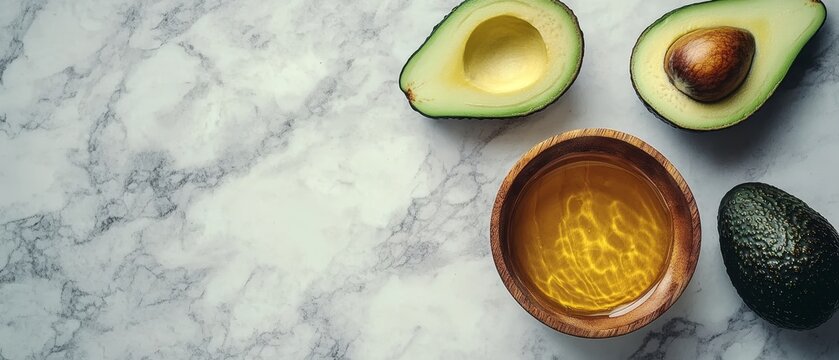 Fresh avocados paired with a bowl of avocado oil on a marble surface offering a healthy option - Powered by Adobe