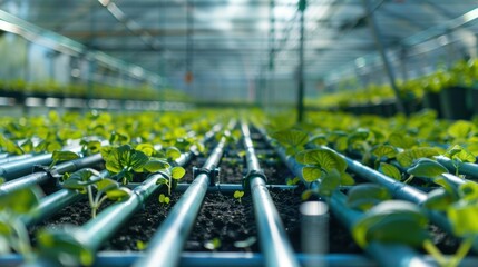 Close-up of automated irrigation system in a high-tech greenhouse stock photo --ar 16:9 --raw --v 6 Job ID: c5e48fa8-dd89-4090-9892-c2494e90d1c9