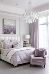Fototapeta premium Elegant lavender bedroom with crystal chandelier