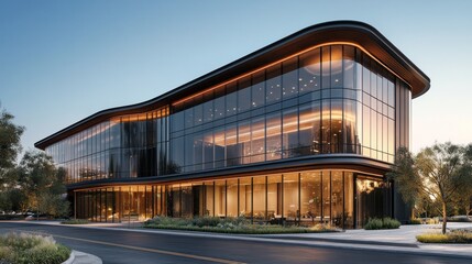 Modern office building facade at twilight, city street, trees in background.  Possible use Commercial real estate marketing